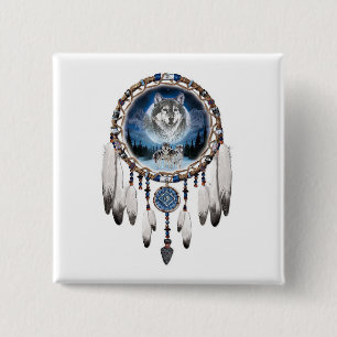 Dream Catcher with wolf background Button