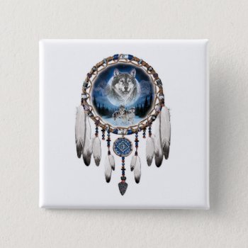 Dream Catcher With Wolf Background Button by paul68 at Zazzle