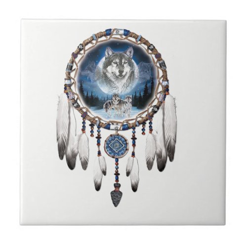 Dream Catcher with wolf background Ceramic Tile