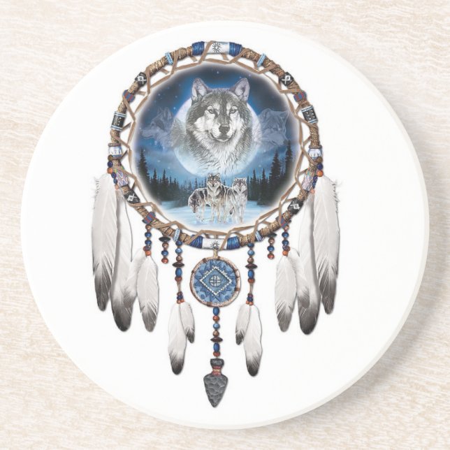 Dream Catcher with wolf background Drink Coaster (Front)