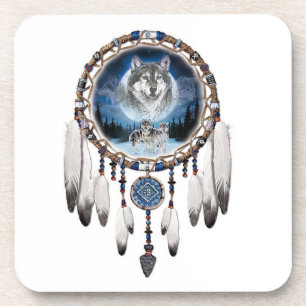 Dream Catcher with wolf background Drink Coaster