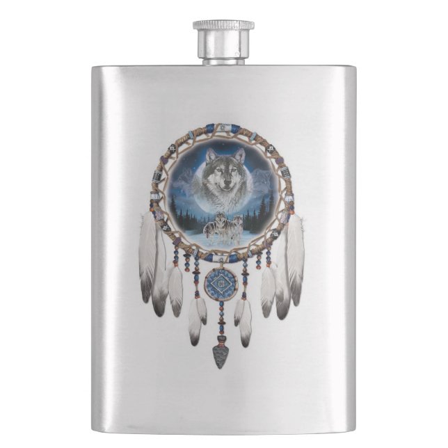 Dream Catcher with wolf background Flask (Front)