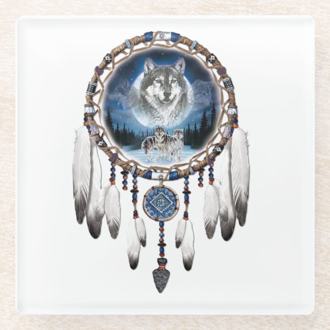 Dream Catcher with wolf background Glass Coaster (Front)