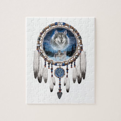 Dream Catcher with wolf background Jigsaw Puzzle