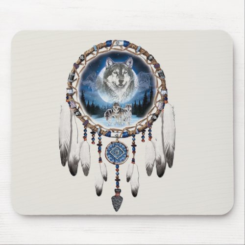 Dream Catcher with wolf background Mouse Pad