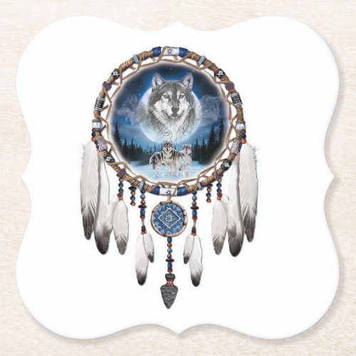 Dream Catcher with wolf background Paper Coaster