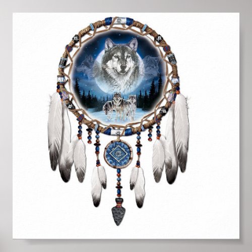 Dream Catcher with wolf background Poster
