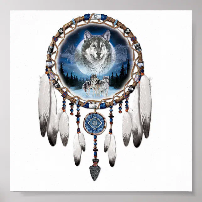 Dream Catcher with wolf background Poster | Zazzle
