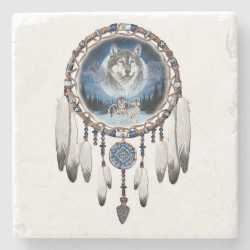 Dream Catcher with wolf background Stone Coaster