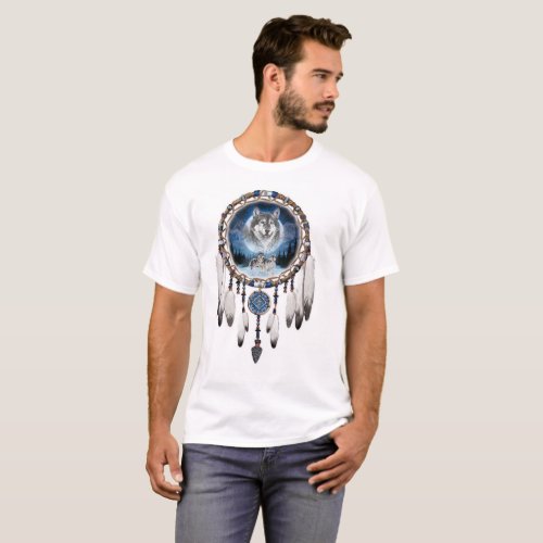 Dream Catcher with wolf background T_Shirt