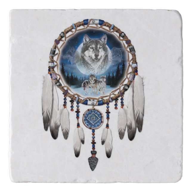 Dream Catcher with wolf background Trivet (Front)