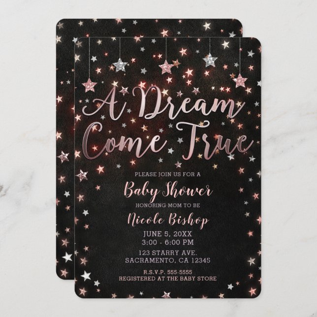 Dream Come True Black Rose Gold Stars Baby Shower Invitation (Front/Back)