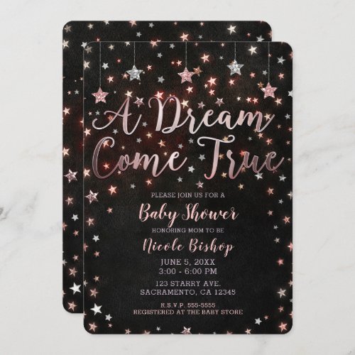 Dream Come True Black Rose Gold Stars Baby Shower Invitation