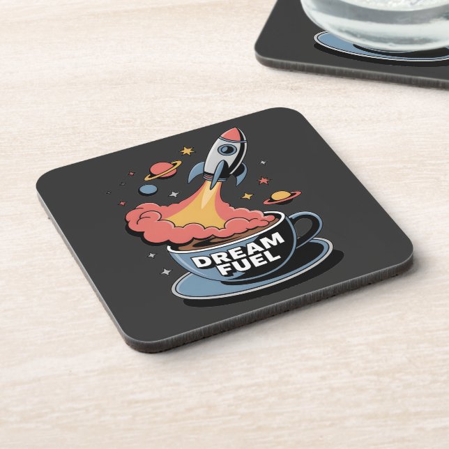 Dream Fuel Graphic: Rocket Launching from Coffee  Beverage Coaster (Left Side)