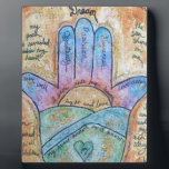 Dream Hamsa Plaque<br><div class="desc">Many contemporary Judaica artists use symbolism from middle eastern culture, combining old traditions with modern art, while adding elements from their own imaginations. It is my intention to present a series of hamsas that create a bridge between our humanness and the divine. In my paintings, the classic eye is replaced...</div>