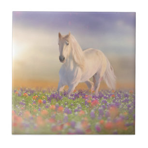 Dream horse running through field of pink flowers ceramic tile
