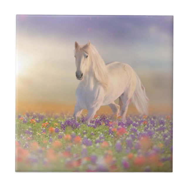 Dream horse running through field of pink flowers ceramic tile (Front)