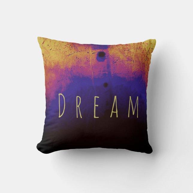 "Dream" in Yellow on Black Blue Magenta Gold Motif Throw Pillow (Front)