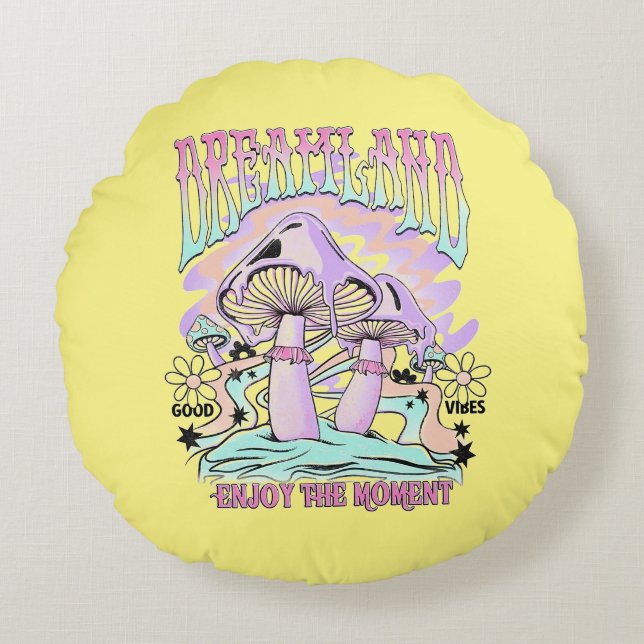 Dream Mushroom, Psychedelic Mushroom Round Pillow (Front)