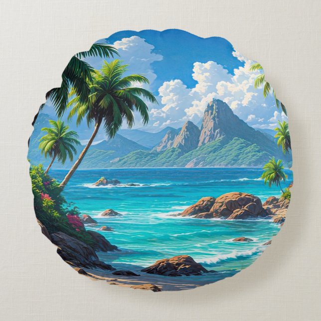 Dream On, Tropical Paradise, Round Pillow (Front)