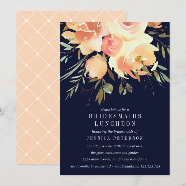 Dream Peach and Navy Bridesmaids Luncheon Wedding Invitation (Front/Back)