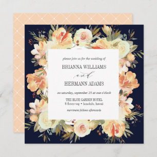 Dream Peach & Navy Spring Floral Diamond Wedding Invitation