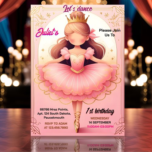 dream pink Tutu chic girls Ballerina 1st birthday Invitation