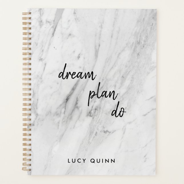Dream Plan Do | White Marble Modern Stylish Script Planner (Front)