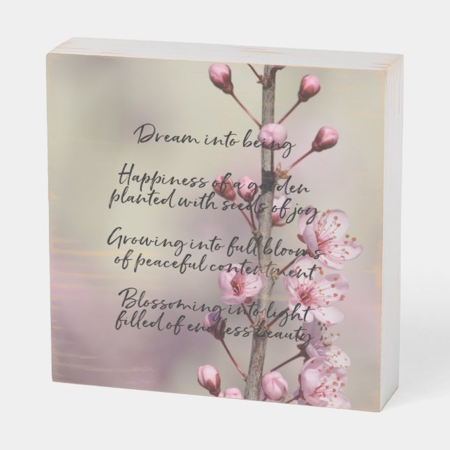 Dream Poem Cherry Blossom Flowers Wooden Box Sign (Angled Horizontal)