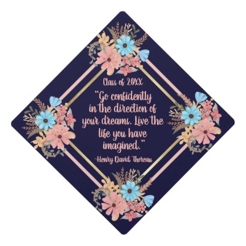 Dream Quote Pink Blue Watercolor Floral Framed Graduation Cap Topper