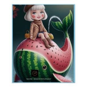 Dream Ride – Cute Girl on Watermelon Whale Fantasy Poster