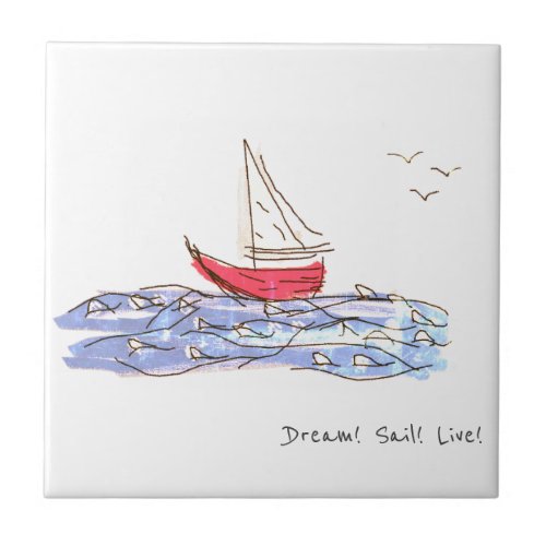 Dream Sail Live Sea Boat Seagull Sketch Ceramic Tile