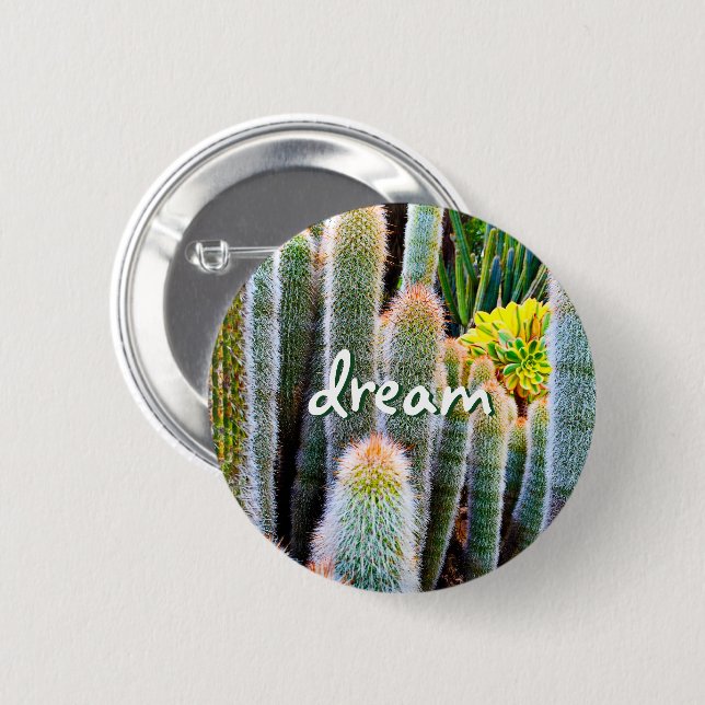 Dream Script Fuzzy Green Cacti Succulent Photo Button (Front & Back)