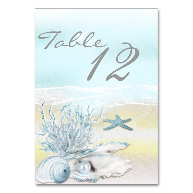Dream Shore Beach Baby Blue Wedding Table Card (Front)