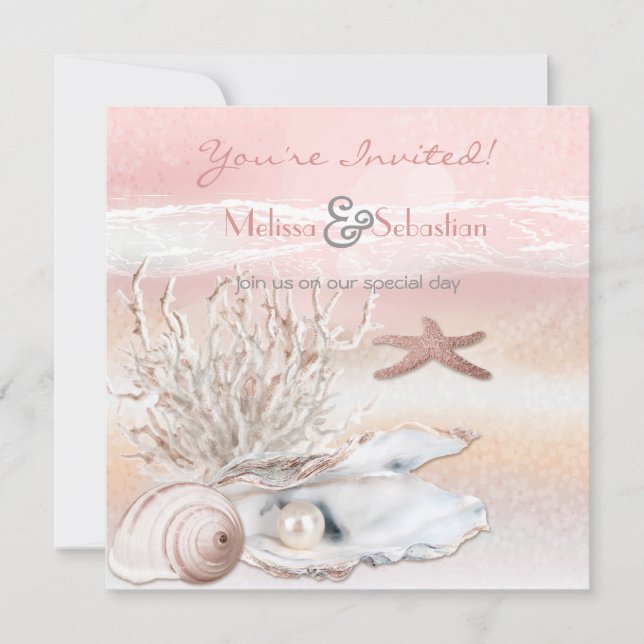 Dream Shore Beach Peach Wedding Invite (Front)