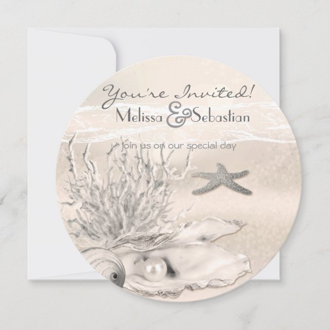 Dream Shore Beach Sepia Wedding Invite (Front)