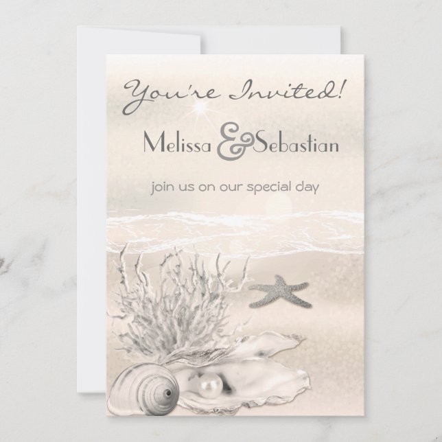 Dream Shore Beach Sepia Wedding Invite (Front)