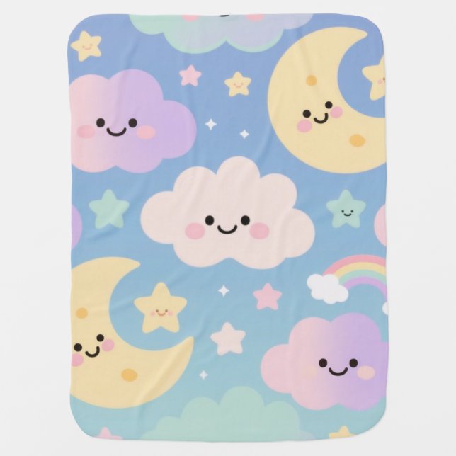 Dream Sky Blanket, Cute Clouds, Moons & Stars Baby Blanket (Front)