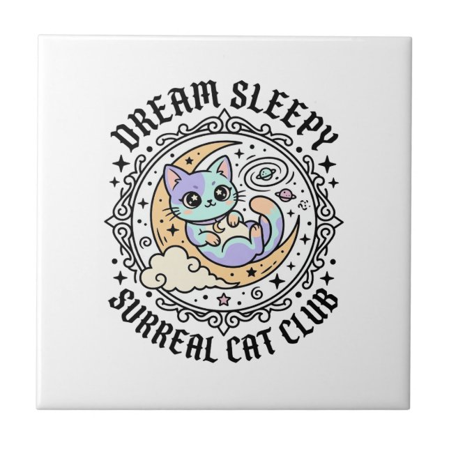Dream Sleepy Surreal Cat Funny Cat Lover Design -  Ceramic Tile (Front)