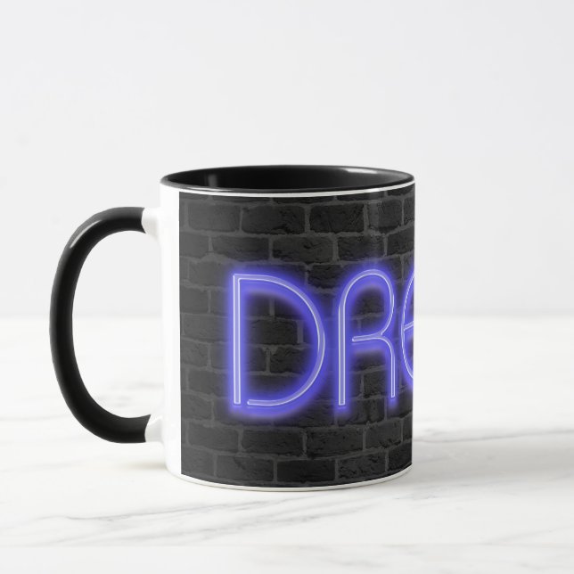 DREAM text in neon lights on brick Mug (Left)