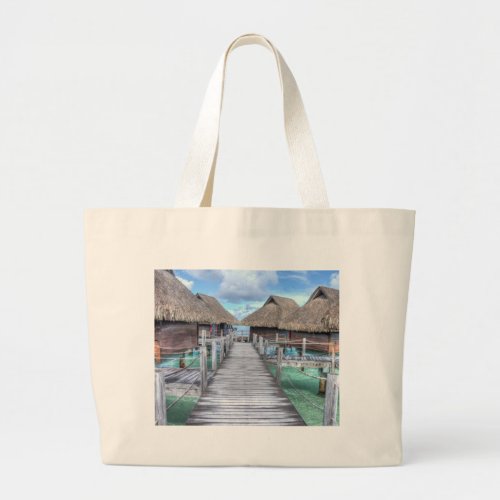 Dream Vacation Bora Bora Overwater Bungalows Large Tote Bag