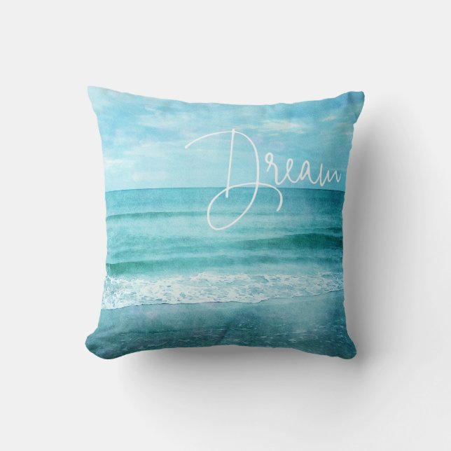 Dream Yoga Quote Retro Beach Teal Blue Ocean Throw Pillow (Front)