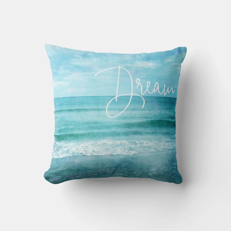 Dream Yoga Quote Retro Beach Teal Blue Ocean Throw Pillow | Zazzle