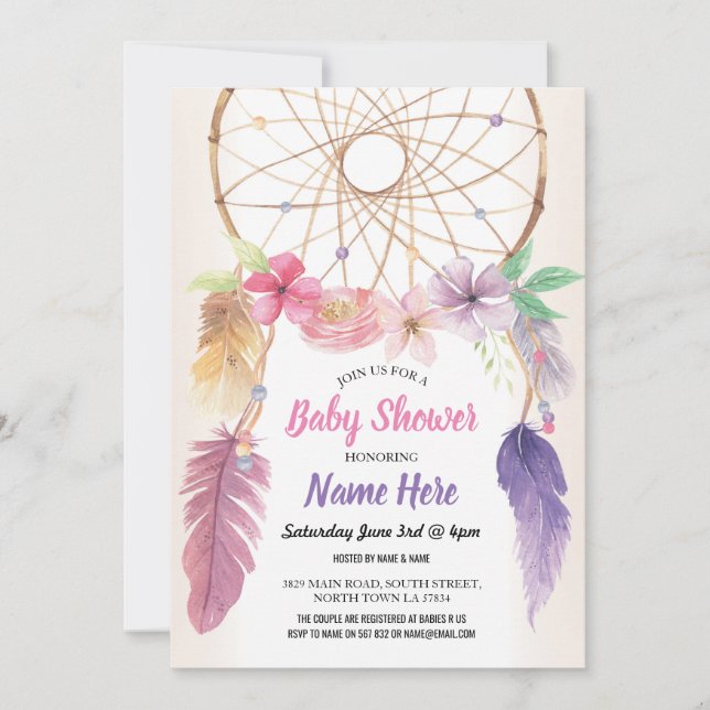 Dreamcatcher Baby Shower Floral Invite Pink (Front)