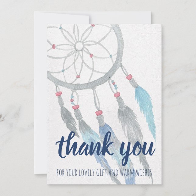 Dreamcatcher Blue Boho Baby Shower Thank You Card (Front)