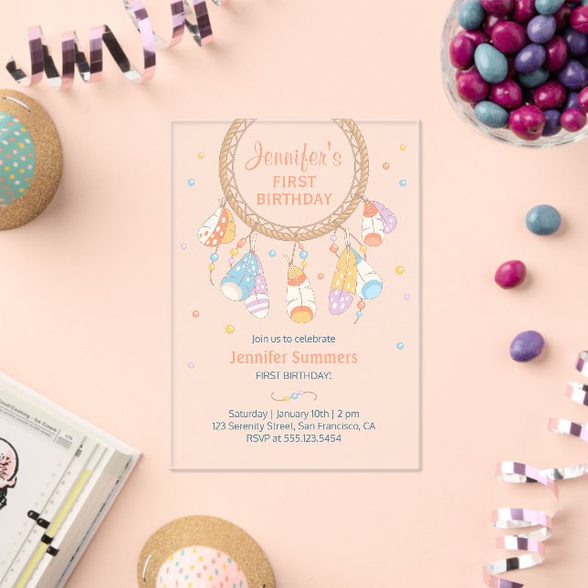 Dreamcatcher Boho Baby First Birthday Transparent Acrylic Invitations (Insitu (Celebration))