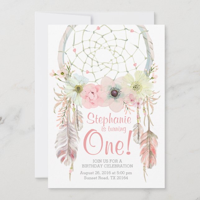 Dreamcatcher boho pink pastel Birthday invitation (Front)
