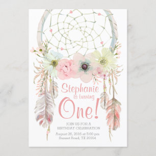 Dreamcatcher boho pink pastel Birthday invitation