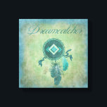 Dreamcatcher Canvas Print<br><div class="desc">Native American protective dreamcatcher. Turquoise blue, deep purple and soft golden colored feathers hang down from a circular hoop designed with arrow and diamond shaped symbols in its center. The dream catcher is a traditional symbol in Native American culture and spirituality, decorated with sacred objects and thought to aid in...</div>