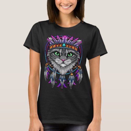 Dreamcatcher Cat Lover Native American Tribal Feat T_Shirt